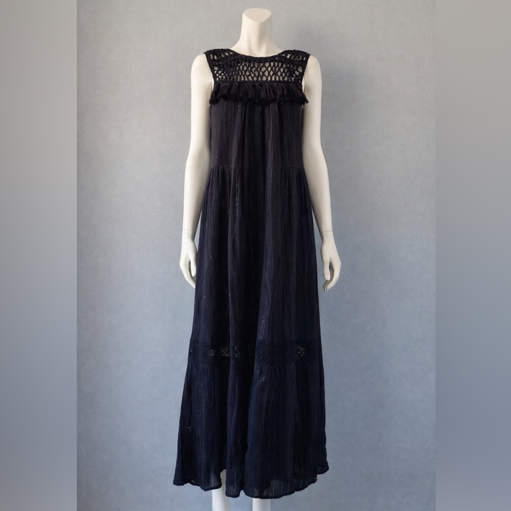 Anthropologie Maeve Crochet Tassel Cotton Gold Lurex Sleeveless Black Maxi Dress